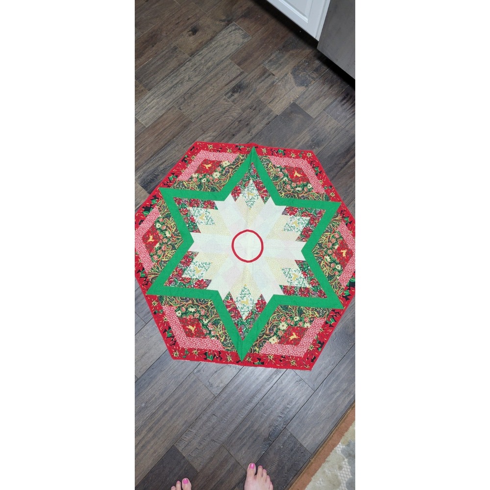 Handmade Christmas Tree Skirt Quilted Patchwork LARGE 42 X 37 Green Red Retro